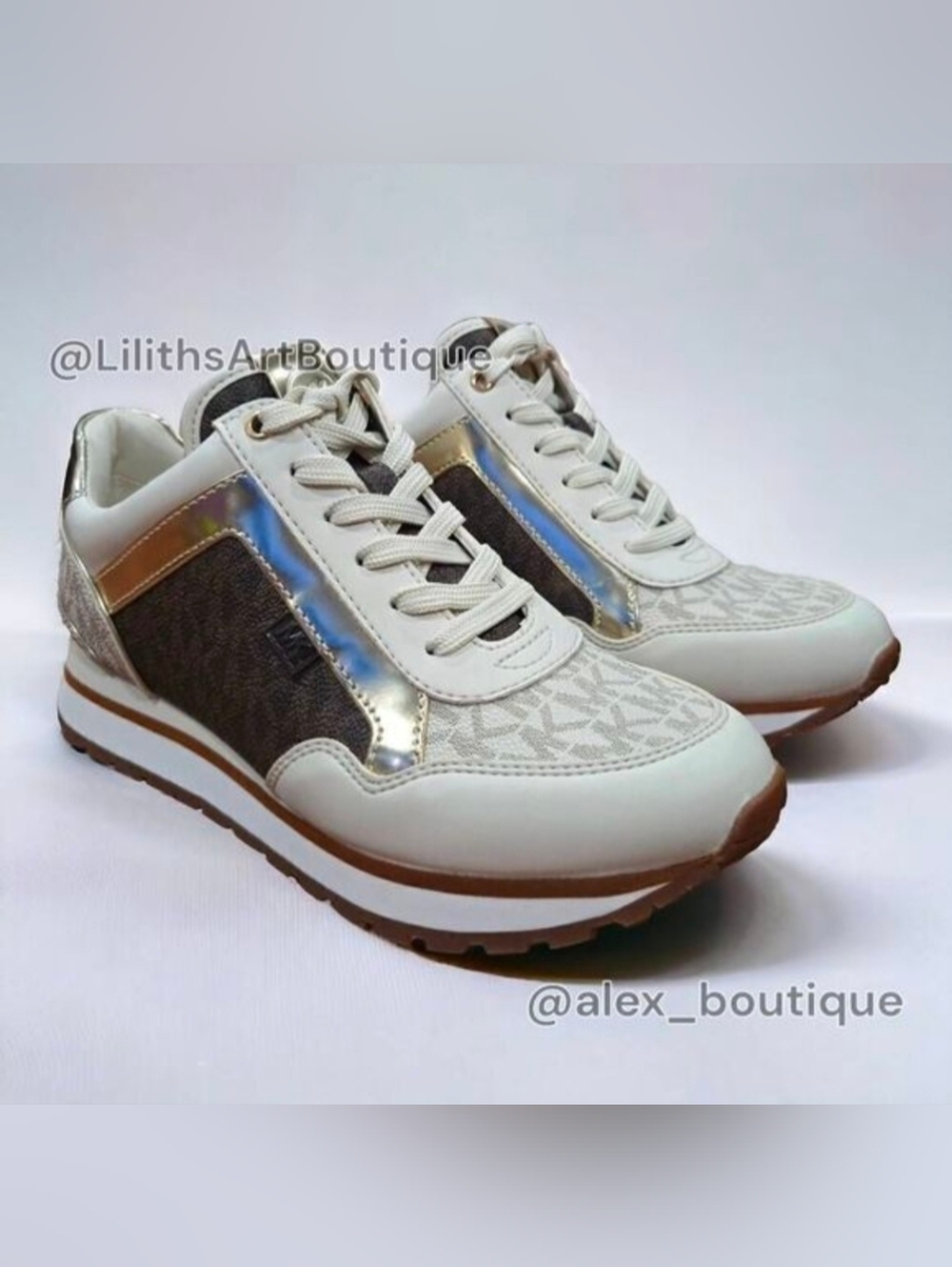 Michael Kors Maddy Vanilla/ Brown Two-Tone Logo Trainer Women's Sneakers 5.5 - Picture 3 of 13